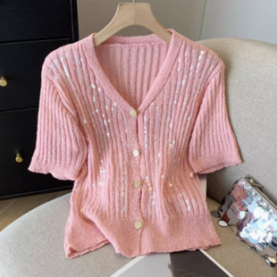 Summer New V-neck Short Sexy Short Sleeve Ice Silk Top 2024 French Style Chanel Style Sequin Knitted Cardigan for Women