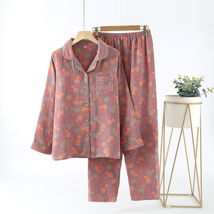 Vintage yarn-dyed jacquard women's spring and autumn cotton pajamas suit double-layer yarn long sleeve plus size home Wear factory direct supply