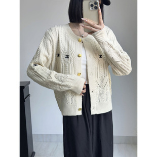 Autumn and Winter Heavy Industry Letter Embroidered Hollow Knitted Cardigan Top New Style Chanel Style Round Neck Short Sweater Coat for Women