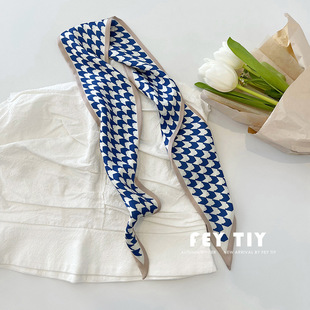 Little Han Mei Daily Ethereal Blue Small Silk Scarf Women's Chic Long Ribbon Tie Bag Hair Band Imitation Silk Scarf Spring and Summer