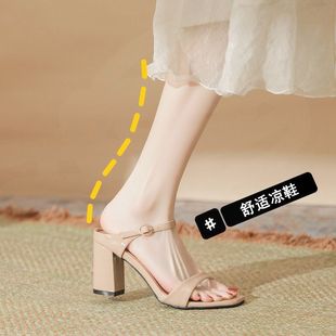 Summer 2025 New Square Toe High Heel Sandals Women's Small Size Sandals Thick Heel Comfortable Slippers Plus Fat Widened plus size Women's Shoes