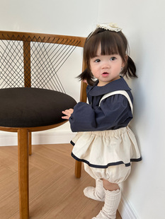 In stock Spring Baby and Boy Navy Style New Western Style Bag Fart Clothes Class A Ins Style Out-of-the-way Climbing Clothes New Two-piece Set