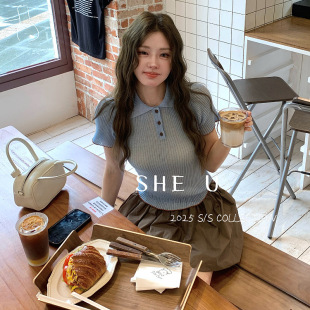 SHE U Thirteen Line French Sweet Spicy Polo Neck Sweater 2025 Summer New Slim-Fit All-Match Wool Top