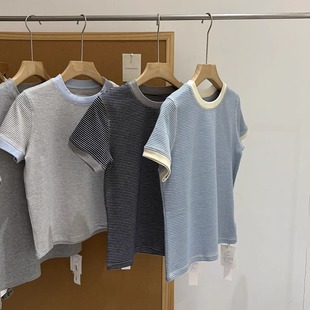 Very summer color matching ~ refreshing contrast color stitching stripe short slim slim round neck short sleeve cotton T-shirt top women
