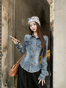 American Style Vintage Polo Collar Long-sleeved Denim Shirt Women's Spring Tight Waist Slim-fit Jacket Elegant Slim-fit Cardigan Top