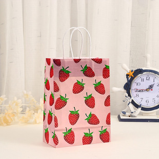 Cross-border Cute Strawberry Gift Bag Cartoon Fruit White Kraft Paper Handbag Take-out Food Packaging Paper Bag