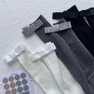 French Style Calf Socks Grey Vertical Stripes Slimming All-match Bow Show Mid-tube Stacked Socks Japanese Style Mid-tube Socks