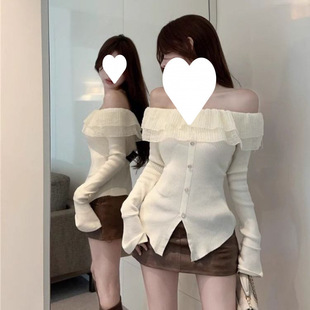 plus size Double-Layer Ruffled Horn Sleeve Sweater French Shoulder Backless Top Tight Stretch Split Sweater