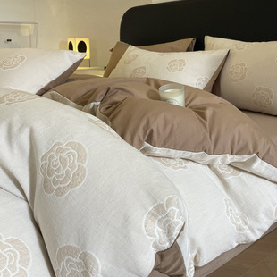 Class A cotton double-layer yarn four-piece set 60s pure cotton washed cotton vintage jacquard quilt cover bed sheet fitted sheet three-piece set