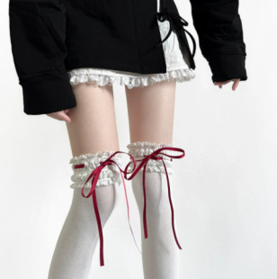 Spring New Lolita Lace Long Ribbon Bow Ballet Socks Children Mid-Length Socks Lolita Cotton Socks Sweet