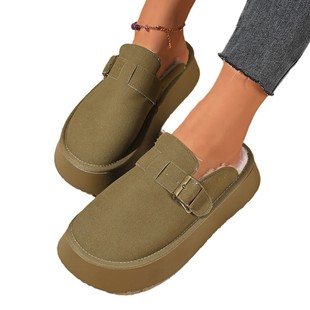 2024 new winter fleece-lined thick-soled Mao Mao slippers women's outer wear belt buckle wrap head warm half-slip cotton shoes wish