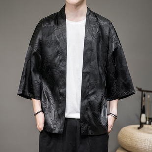 Summer Ice Silk Dragon Pattern Dark Flower Sunscreen Cardigan Men's Japanese Style Chinese Style plus size Tang Suit Hanfu Taoist Robe Cape Coat