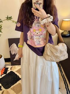 Paper Bag Home Summer New "Lamb Hand-made Cartoon Printed Cotton Double Yarn T-shirt" 3719 Sweet Short-sleeved Women