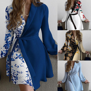 2024 Autumn and Winter Cross-border Trend European and American Women's Foreign Trade Elegant One-piece Color-matching Lace-up dress