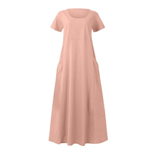European and American Cross-border Women's Clothing Amazon Women's Solid Color Cotton and Linen Round Neck Short Sleeve Long Loose dress