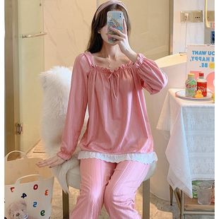 Korean Style Sweet Pajamas Long-sleeved Women's Spring and Autumn Pit Strip Milk Silk Large Size Outwear Live Lace Princess Suit