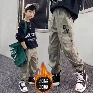 Boys' fleece-lined Sports Pants Fashion Handsome Work Pants Autumn and Winter Children's Western Style All-match Casual Long Pants Children's Wear