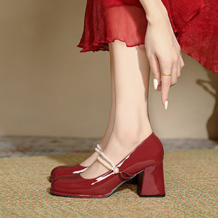 MZ-18 Red French Mary Jane Shoes Small Size Single Shoes Pearl Belt Thick Heeled Temperament plus size Fat Feet Wide Feet 41 43