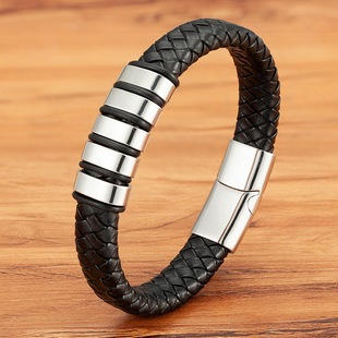 AliExpress Explosive Combination Small Jewelry Multicolor Stitching Stainless Steel Men's Leather Bracelet High-grade Jewelry