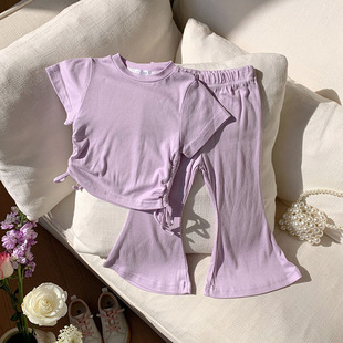 Girls' suit Short-sleeved Summer Western Style Drawstring Short-sleeved Horn Trousers 2025 Summer Children's Cross-border Children's Wear suit