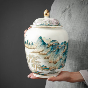 Tea jar ceramic sealed jar storage gold high-grade empty gift box packaging landscape painting Green Tea Pu'er white tea Longjing