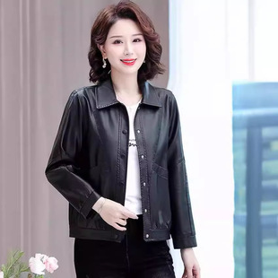 2024 New Leather Jacket Women's Short Fashionable Simple Spring and Autumn Thin Loose Slimming Motorcycle Simulation Leather Jacket