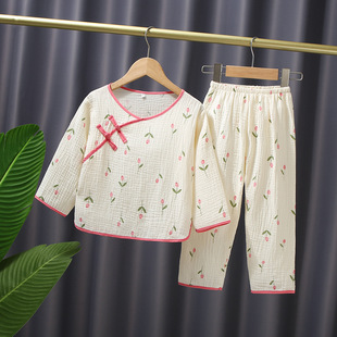 Spring and Summer Children's cotton gauze pajamas girls' boys' cotton gauze medium and big children's thin long sleeve short sleeve suit homewear