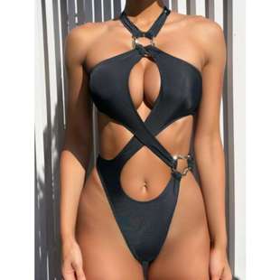 European and American one-piece swimsuit women's sexy neck cross hollow backless bikini solid color foreign trade Amazon swimsuit women