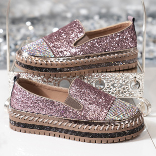 Spring New Korean Style Round Toe Shallow Mouth Shoes Flat Rhinestone Glitt Casual Shoes Sequin Thick-soled Loafers