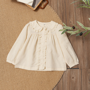 Children's Contrast Lel Doll Shirt 25 Spring and Summer Design Sense Lace Stitching Children's Shirt Puff Sleeve Japanese Top