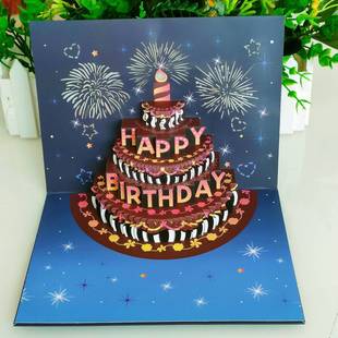 Cross-border best selling 3d pop up fireworks lights optoelectronic sounding cards 3D cake music birthday cards