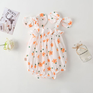 2022 Summer New Baby's Jumpsuit Cotton Printed Bow Sling Climbing Suit Bag Fart Clothes Cotton Ha Clothes for Hair