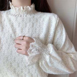 New Horn Autumn and Winter fleece-lined Lace Base White High Neck Thickened Warm Foreign Style Branding Top