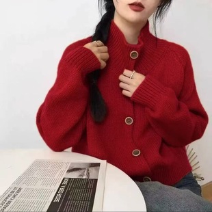 Blue autumn and winter new Korean retro brown buckle high collar sweater cardigan [9] orange lake blue