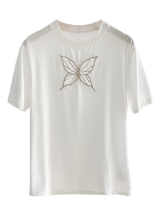 French single M's 2024 Summer new round neck beaded T-shirt women's rhinestone hollow short sleeve cotton loose top