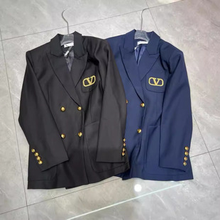 24 Early Autumn New Niche Design Trendy Brand Double-breasted Suit Jacket Gold Embroidered Letters Mid-length