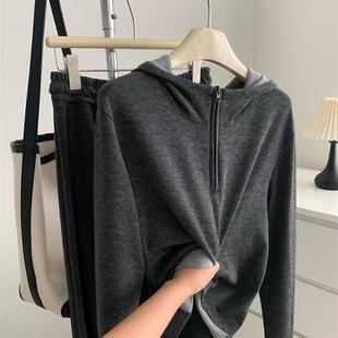 Temperament Commuter Glutinous Rice Velvet Lazy suit Women's Design Sense Half-Zip Color-blocking Hoodie Wide-leg Pants Two-piece Set Autumn