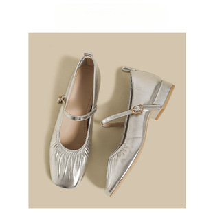 silver Single-layer Shoes Women's 2025 Spring New Retro One-word Band French Evening Style Elegant All-match Shallow Mouth Mary Jane Shoes