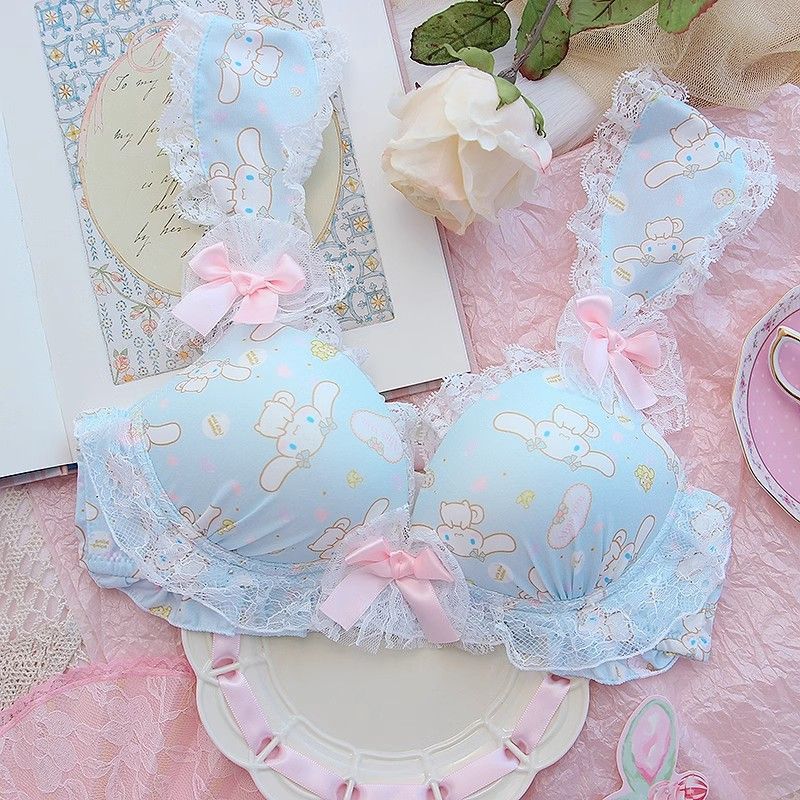 Cute Cinnamon Dog Lingerie Set - Girlish Sweet and Soft Lace Bra for Small Busts with Push-Up and Thickening, Wire-Free Fit
