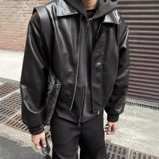 Korean Style Black PU Leather Shoulder Pad Short Leather Jacket Men's Fashionable Casual High-end Black Zipper Jacket Top