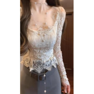 Pure White French Square Collar Long-sleeved Lace Shirt Women's Spring Backless Elegant Slim-fit Inner Base Short Top