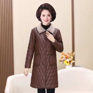 2025 Winter New Women's Leather Coat Mid-length fleece-lined Thickened Mother's Leather Jacket PU Leather Coat