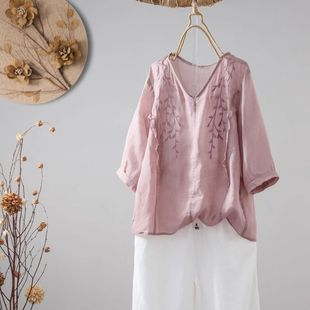 Cotton and linen top women's embroidered loose elegant artistic retro solid color small shirt thin versatile summer new ethnic style