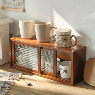 Changhong Glass Vintage Solid Wood Tea Cup Storage Cabinet Japanese Cosmetic Desktop Storage Box Dust-proof Hand-held Display Cabinet