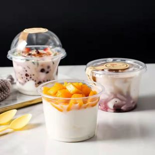 Pudding Cup Disposable Plastic Cup Double-skin Milk Jelly Ice Cream Dessert with Lid Transparent Cup Commercial Round
