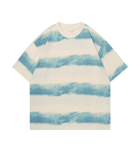 New Summer American Retro 220g Stripesd Old Tie-Dye Short-Sleeved T-Shirts for Men and Women Trendy Brand Loose Half-Sleeved Tops