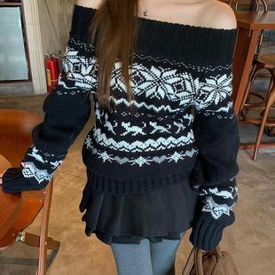 Vintage Coarse Woven Shoulder Fell Island Sweater Autumn and Winter Loose Christmas Top Coat Women's Black Shoulder Other
