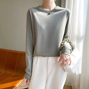 High-end Double-sided mercerized cotton Long-sleeved T-shirt Women's Crewneck T-shirt Long Velvet Cotton Loose Combed Cotton Top Base Shirt