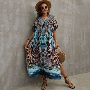 2022 New European and American Print Chest Strap Beach Blouse Sexy Vacation Dress Bikini Outer Blouse