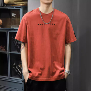 Summer heavy fashion brand retro men's short-sleeved T-shirt washed letters embroidered round neck T-shirt cotton casual half-sleeve
